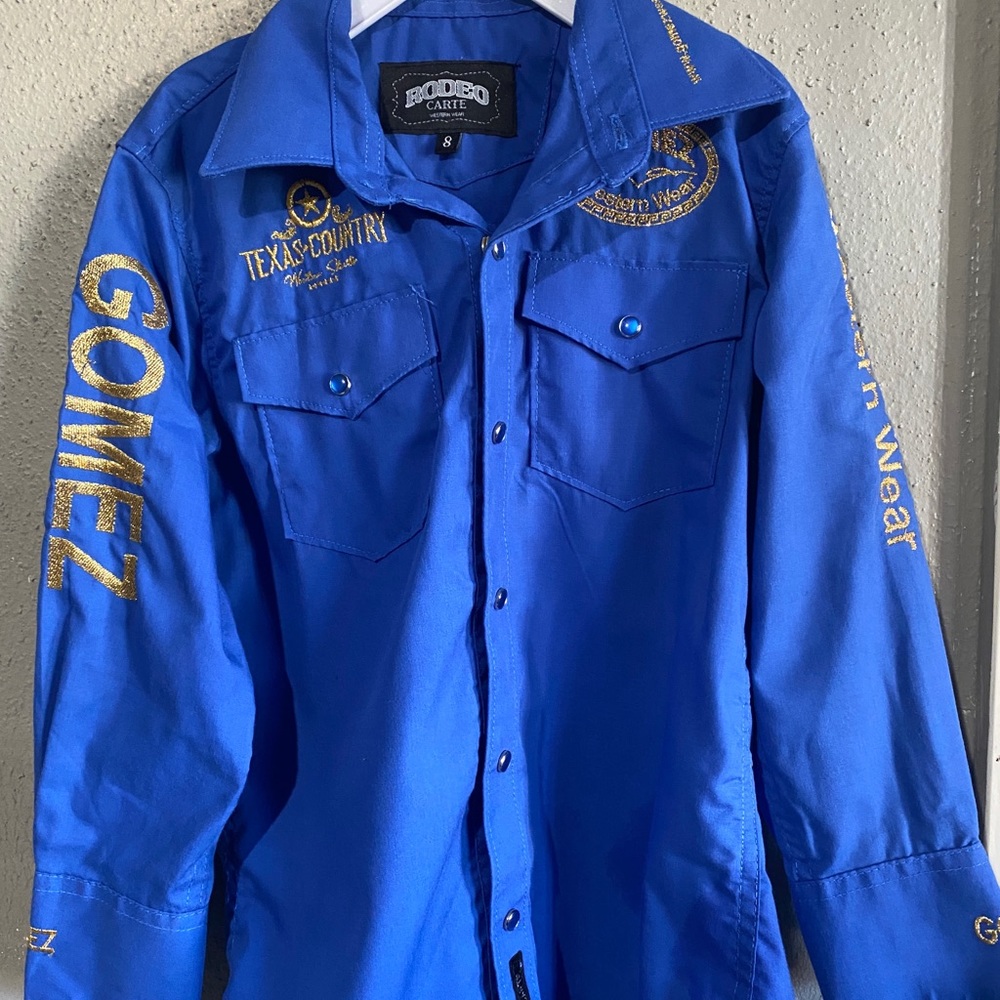 Gomez Western Wear- boys’ size 8 blue long sleeve dress western snap shirt